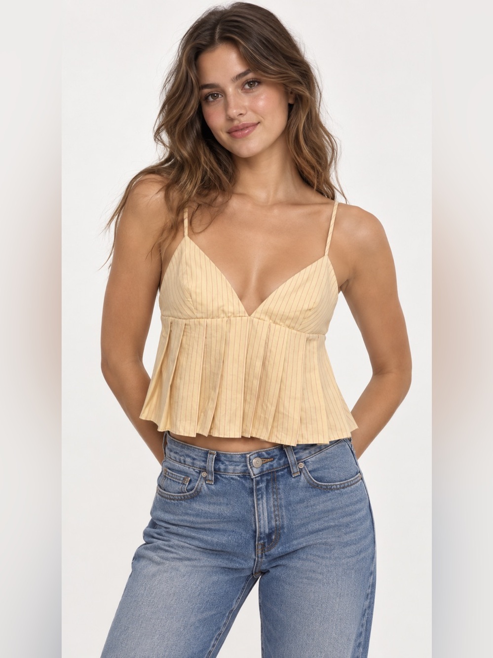Zara Peach Spaghetti Strap Pinstripe Peplum Camisole